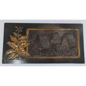 Vtg Wooden Carved Portrait Of An Island Village With Golden Palm Leaves Signed